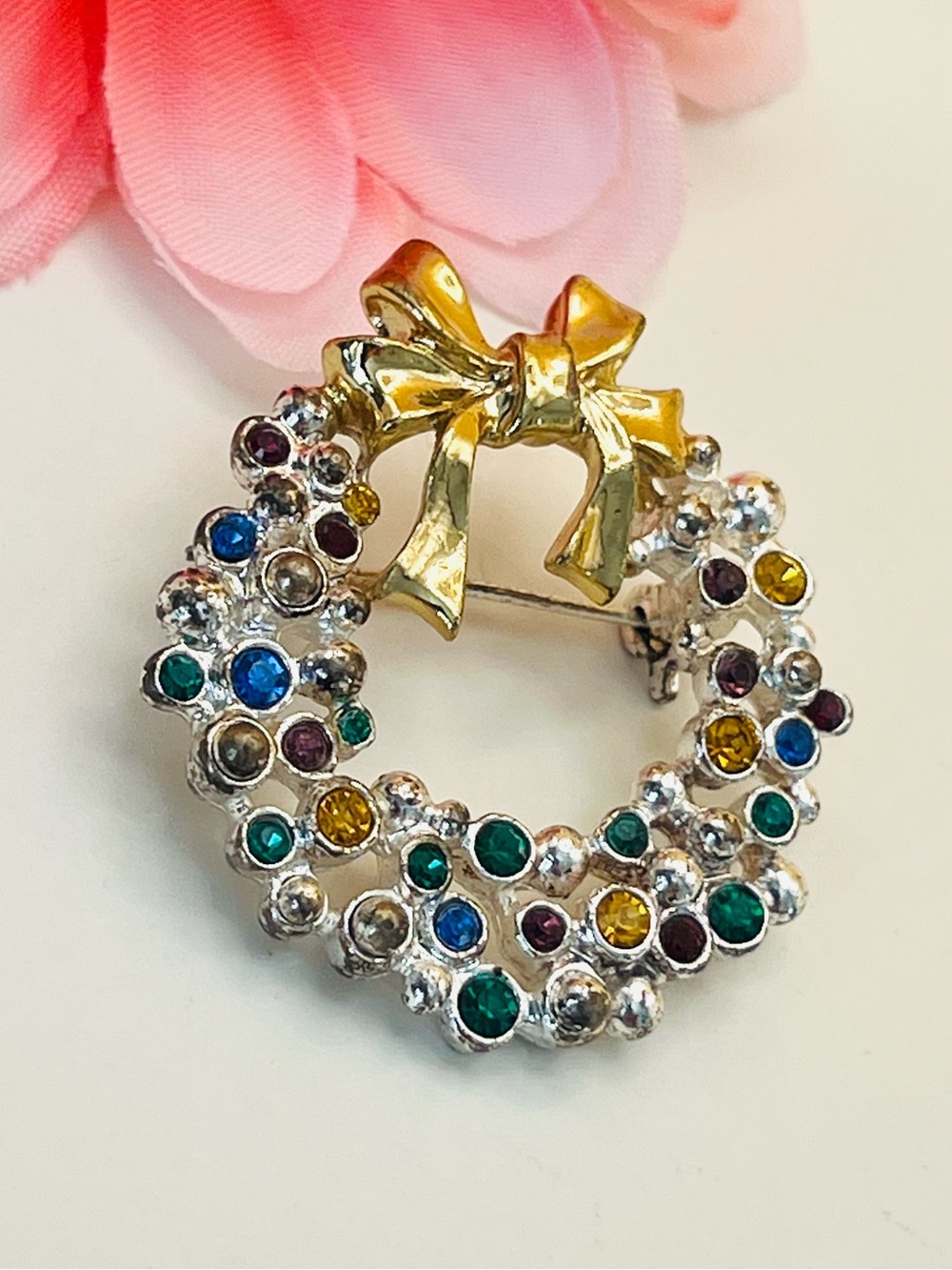 Multicolor Crystal Wreath Brooch with Gold Bow - Women Jewelry